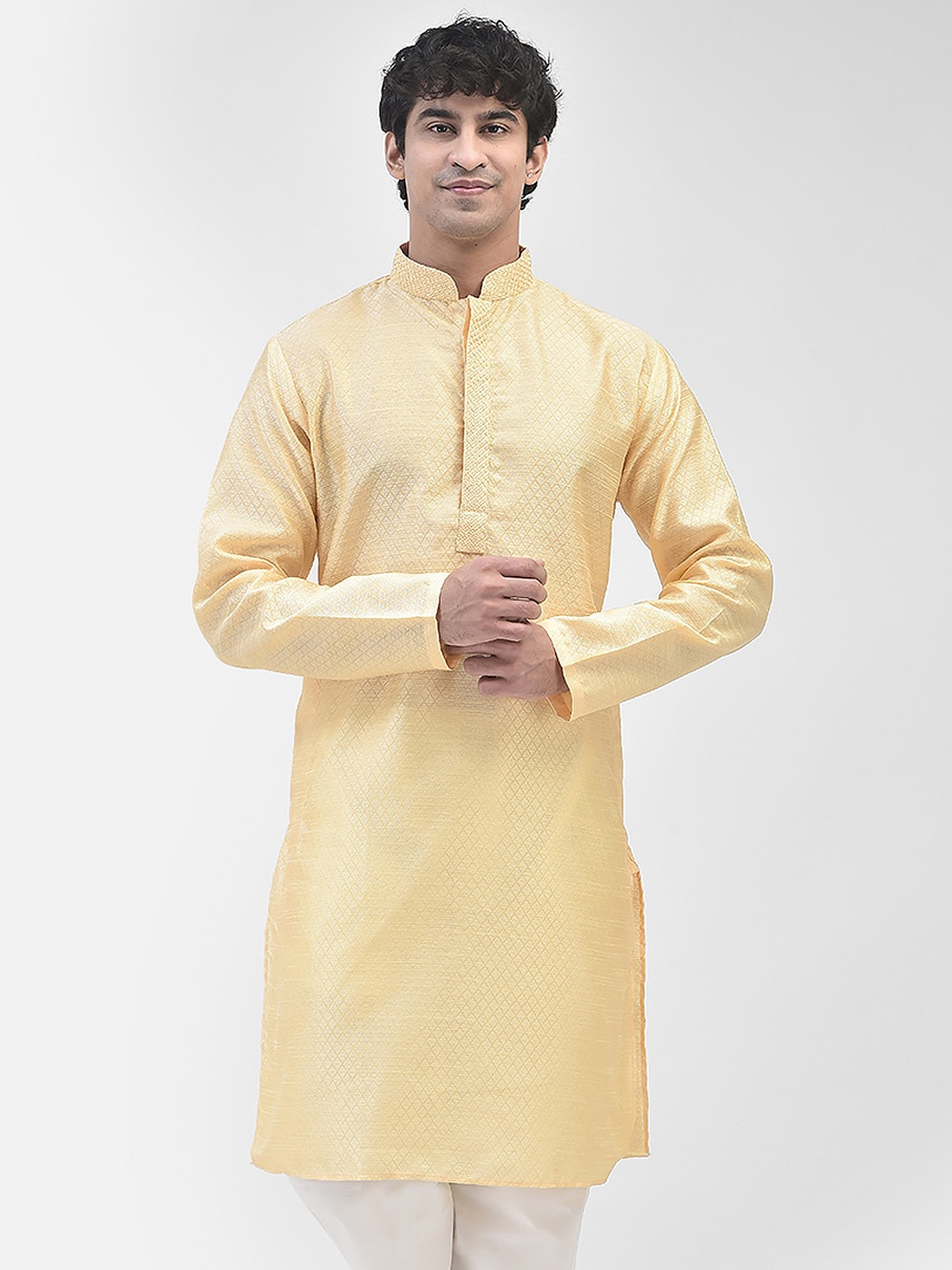 

SG LEMAN Ethnic Motifs Woven Design Thread Work Mandarin Collar Jacquard Kurta, Yellow