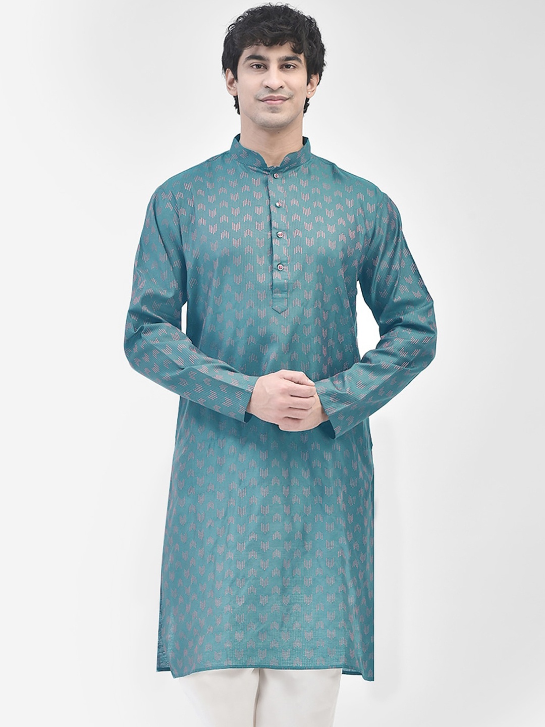 

SG LEMAN Ethnic Motifs Embroidered Mandarin Collar Cotton Straight Kurta, Teal