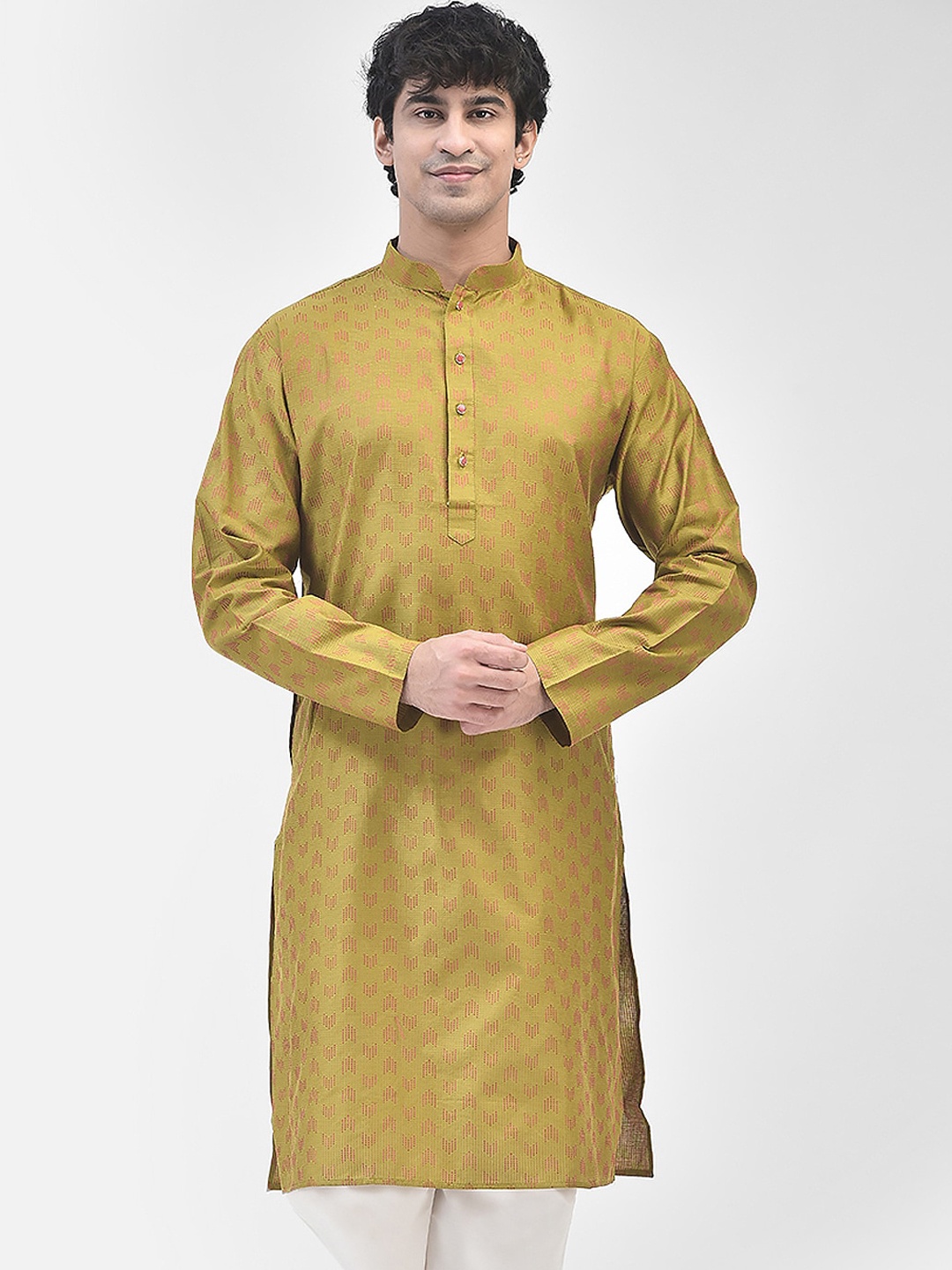 

SG LEMAN Geometric Embroidered Mandarin Collar Cotton Straight Kurta, Green