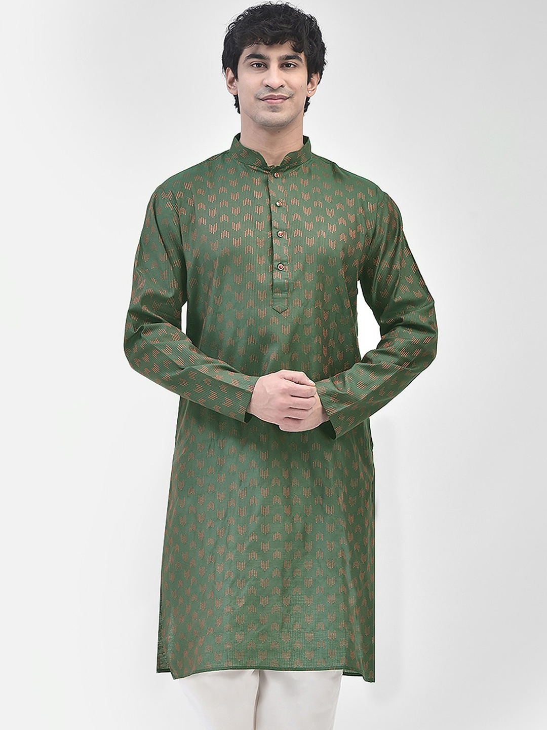 

SG LEMAN Ethnic Motifs Woven Design Mandarin Collar Cotton Kurta, Green