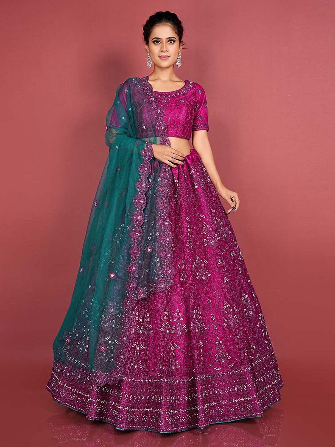 

HALFSAREE STUDIO Pink & Embroidered Semi-Stitched Lehenga & Unstitched Blouse With Dupatta