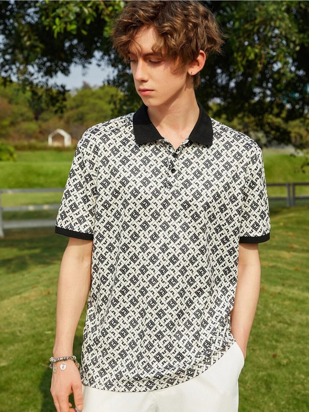 

GRECIILOOKS Abstract Printed Polo Collar Cotton T-shirt, White