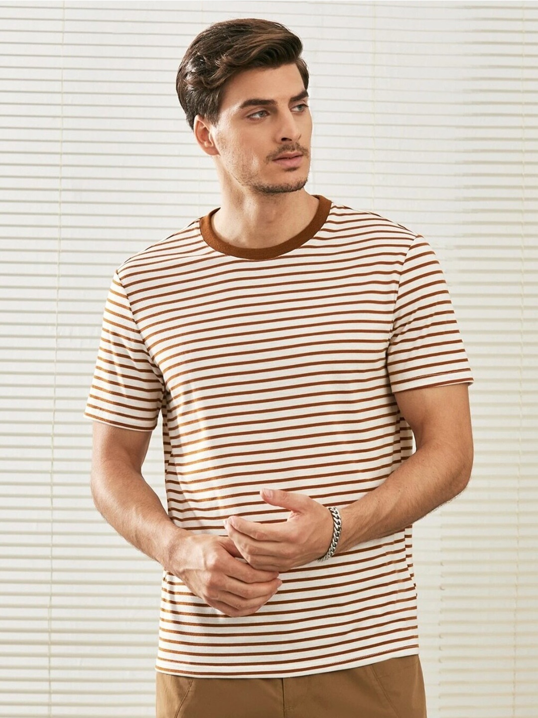 

GRECIILOOKS Striped Cotton T-shirt, Brown