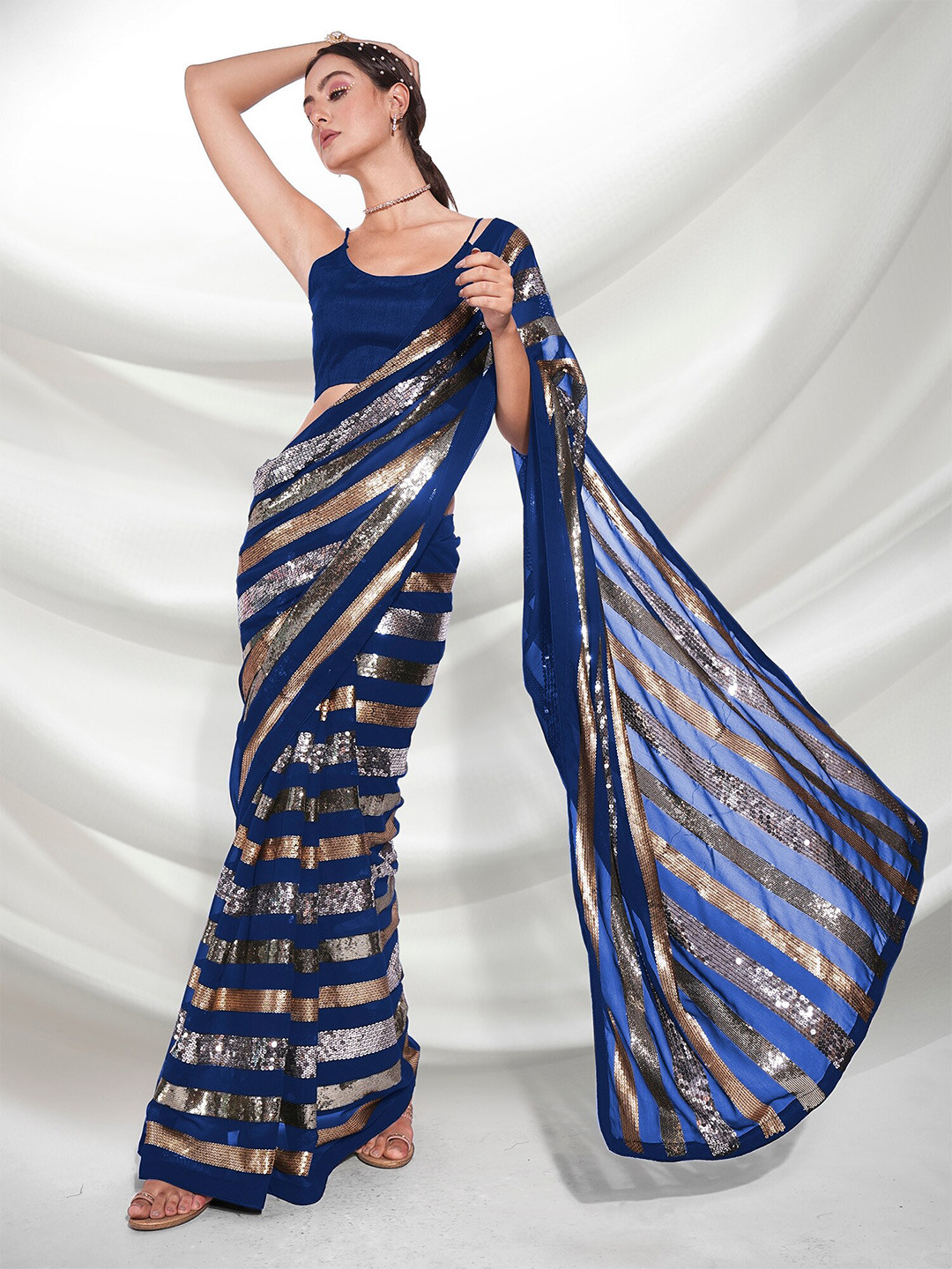 

Kalista Sequinned Embellished Pure Georgette Saree, Navy blue