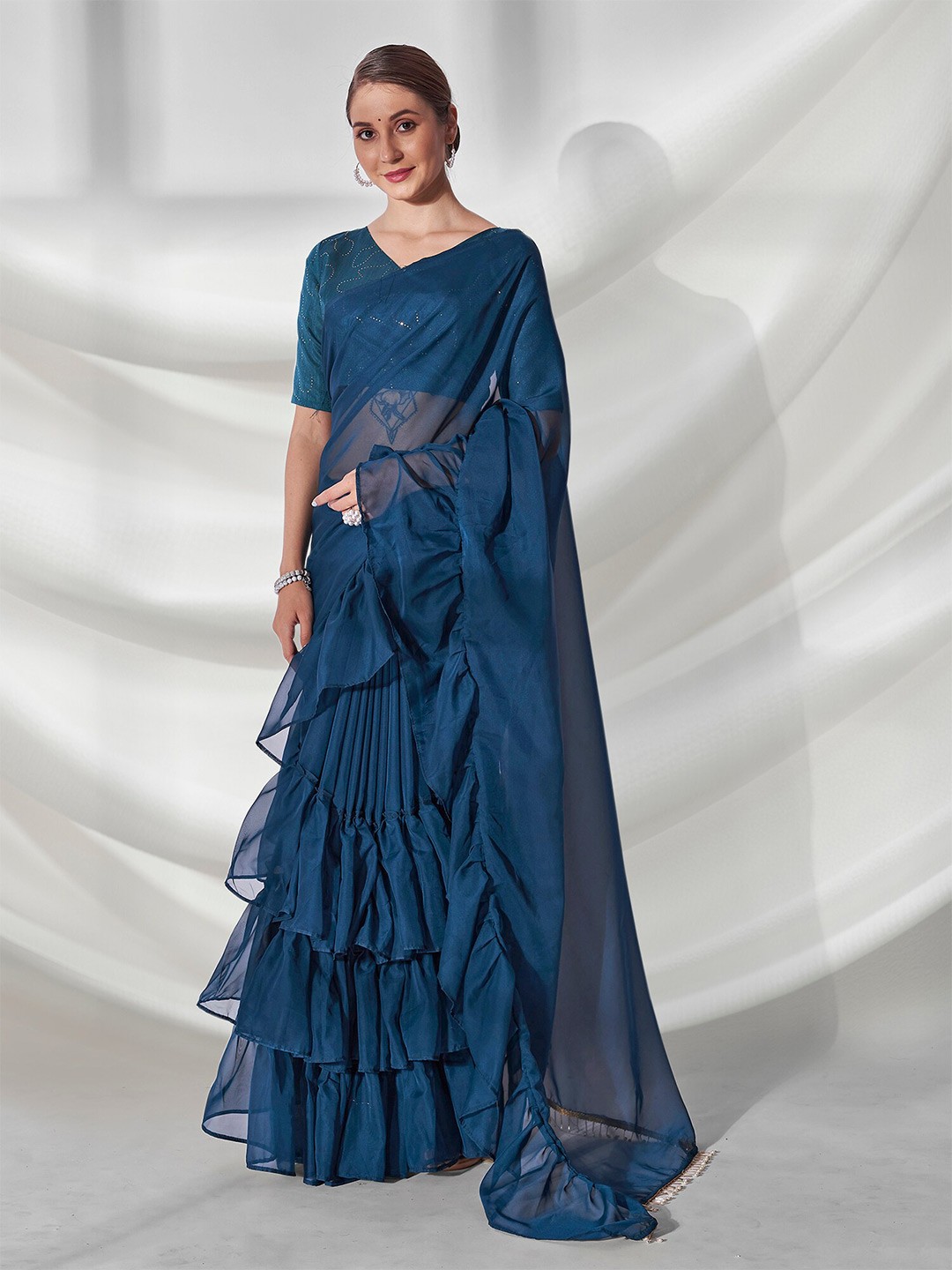 

Kalista Ruffled Organza Saree, Teal