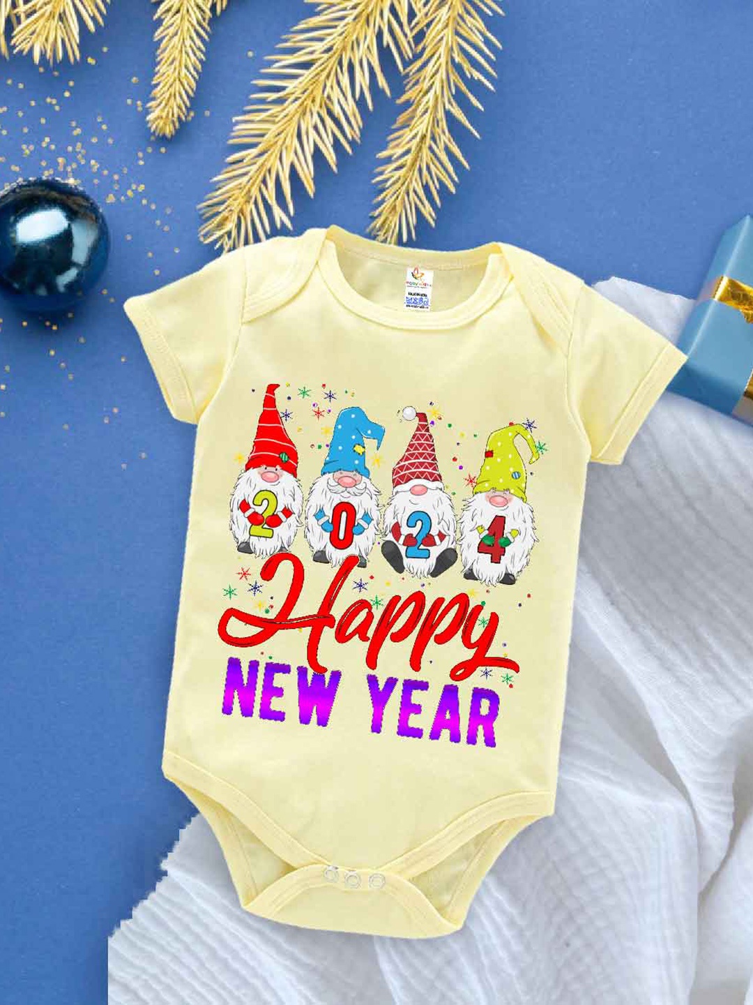 

Babywish Infants New Year Printed Cotton Envelope Neck Bodysuit, Yellow