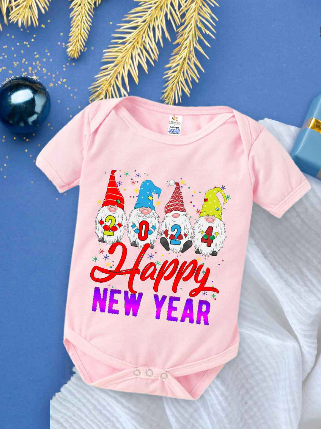 

Babywish Infants New Year Printed Cotton Envelope Neck Bodysuit, Pink