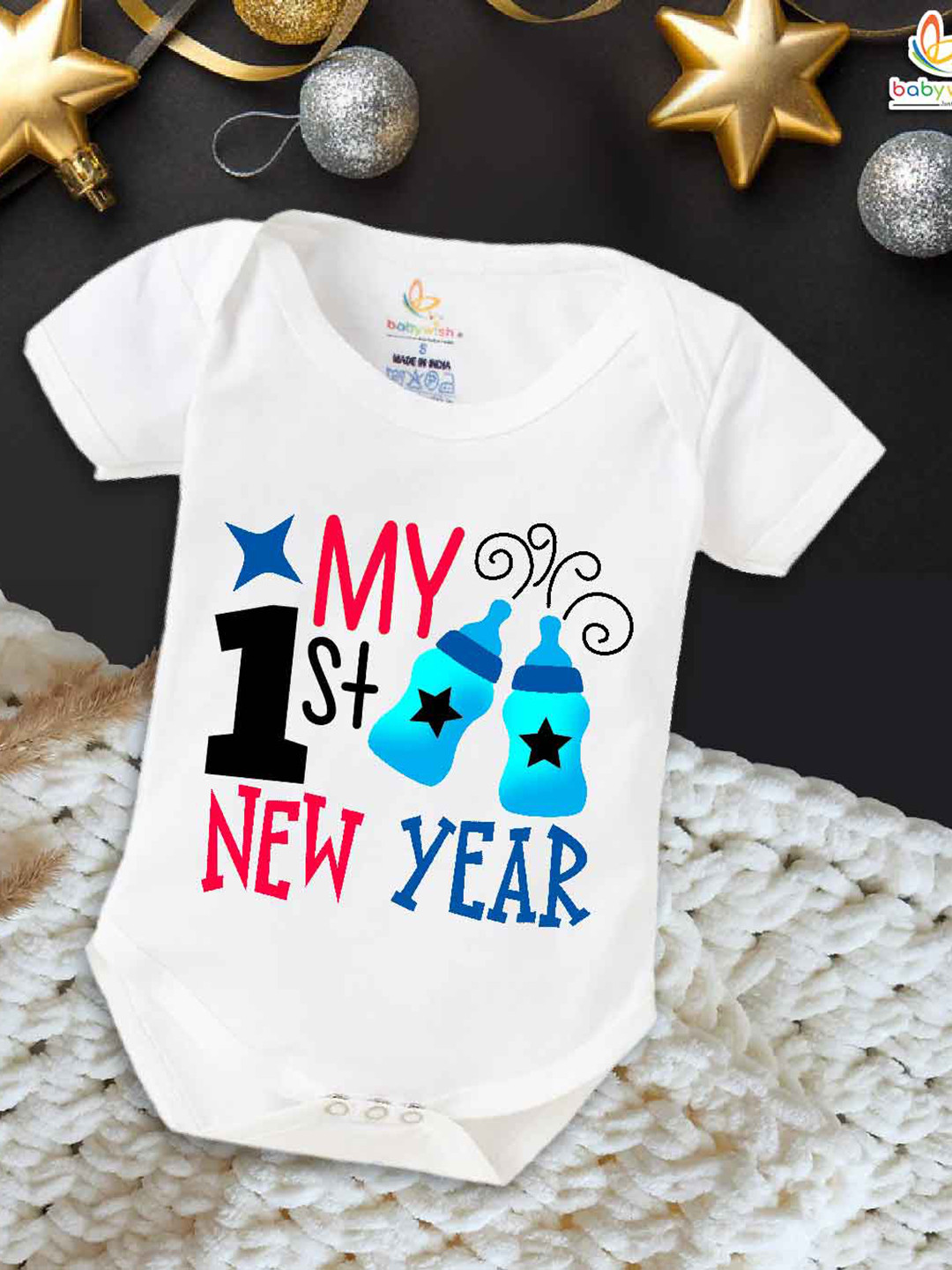

Babywish Infants New Year Printed Cotton Bodysuit, White