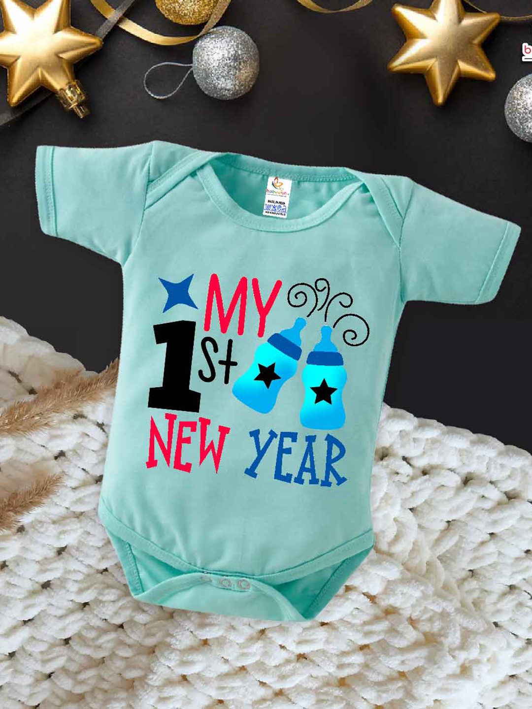 

Babywish Infants New Year Printed Cotton Bodysuit, Sea green