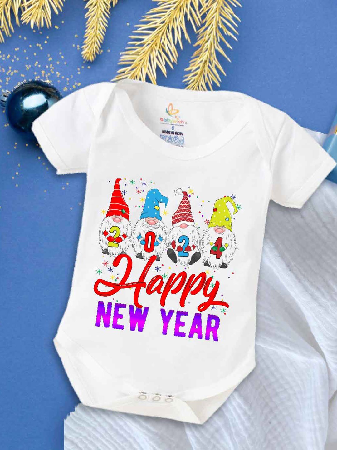 

Babywish Infants New Year Printed Cotton Envelope Neck Bodysuit, White