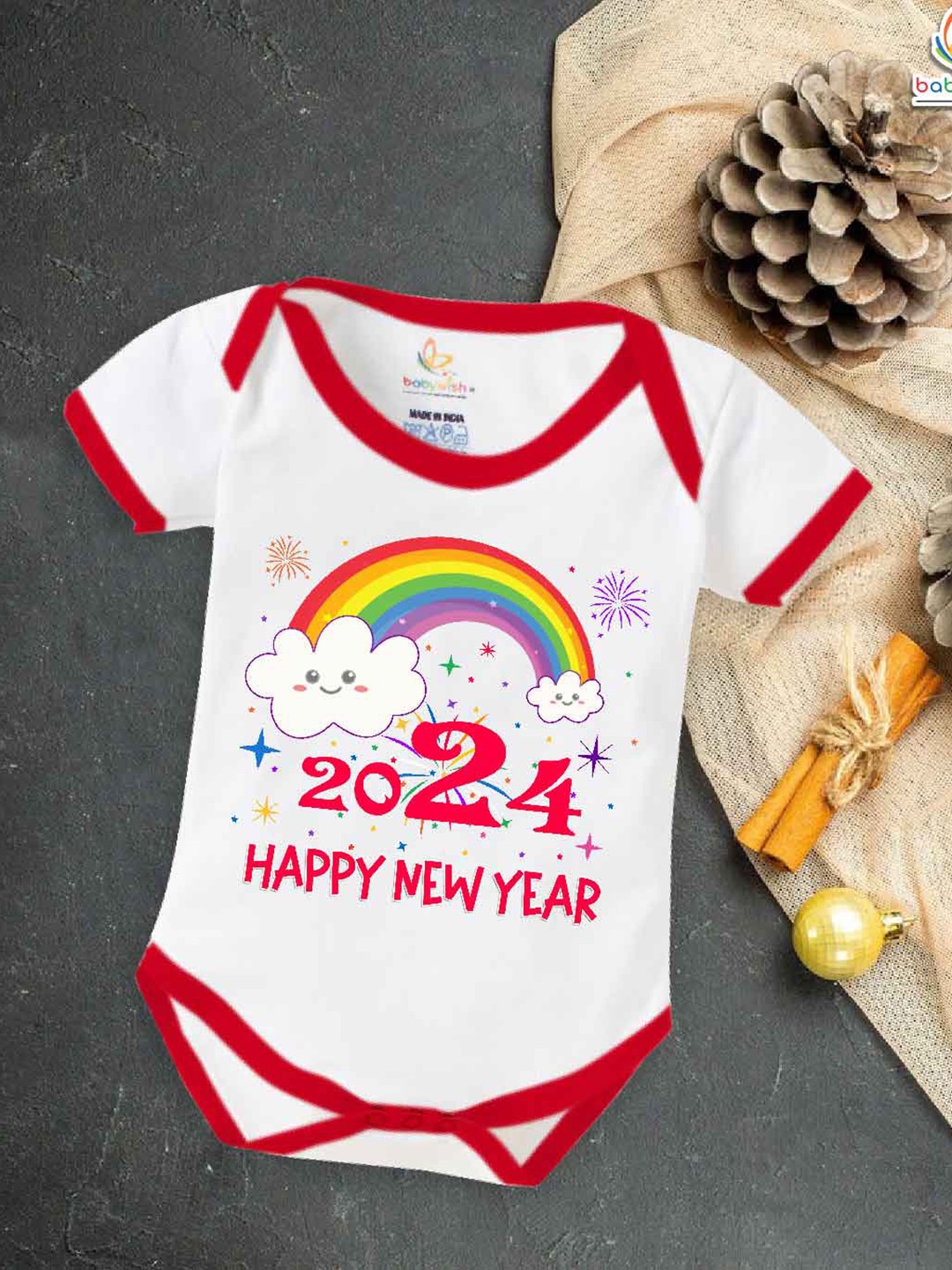 

Babywish Infants Happy New Year Printed Envelope Neck Cotton Bodysuit, Red