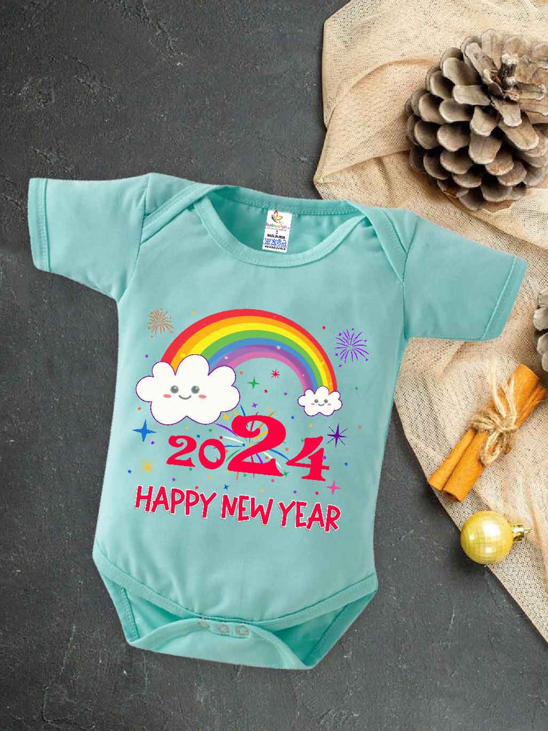 

Babywish Infants Happy New Year Printed Envelope Neck Cotton Bodysuit, Sea green