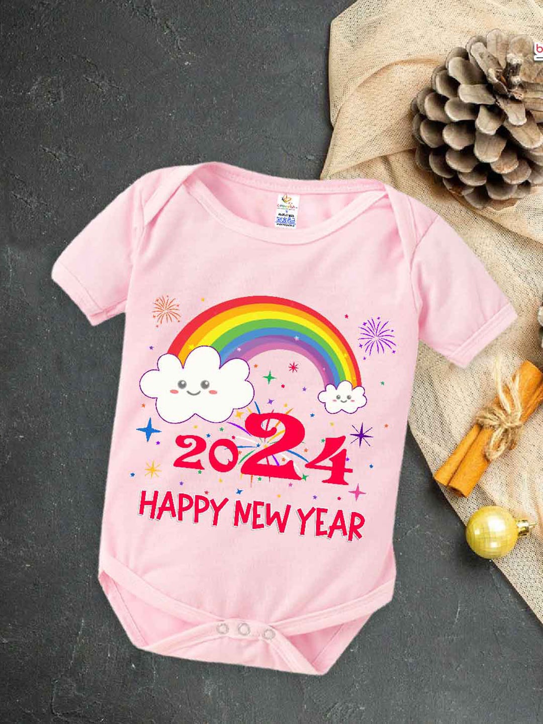 

Babywish Infants Happy New Year Printed Envelope Neck Cotton Bodysuit, Pink