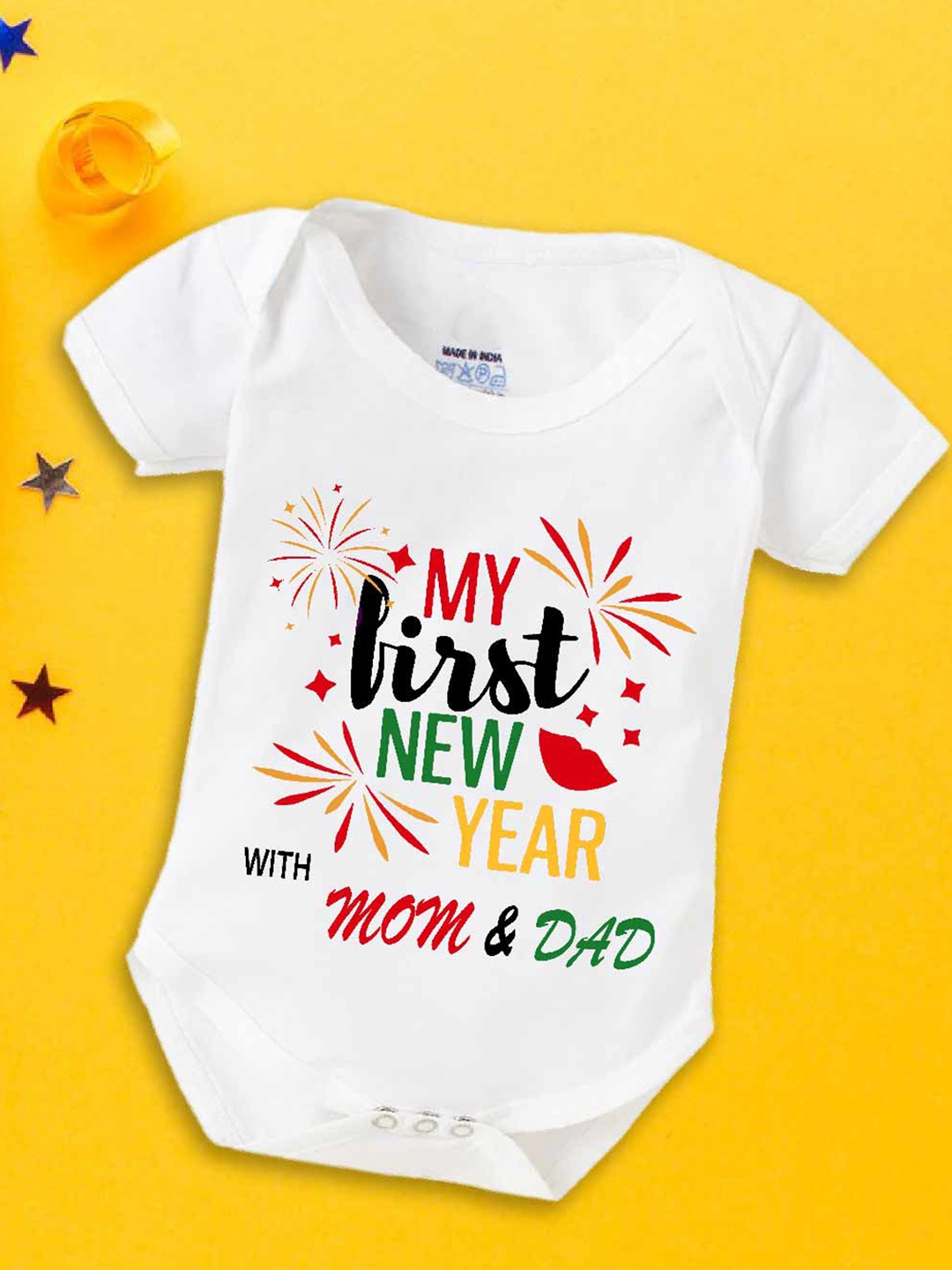 

Babywish Infants New Year Printed Envelope Neck Cotton Bodysuit, White