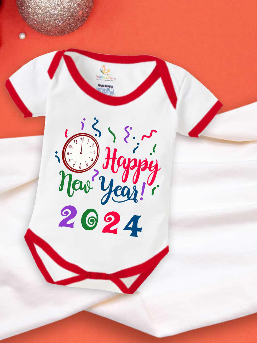 

Babywish Infants New Year Printed Envelope Neck Cotton Bodysuit, Red