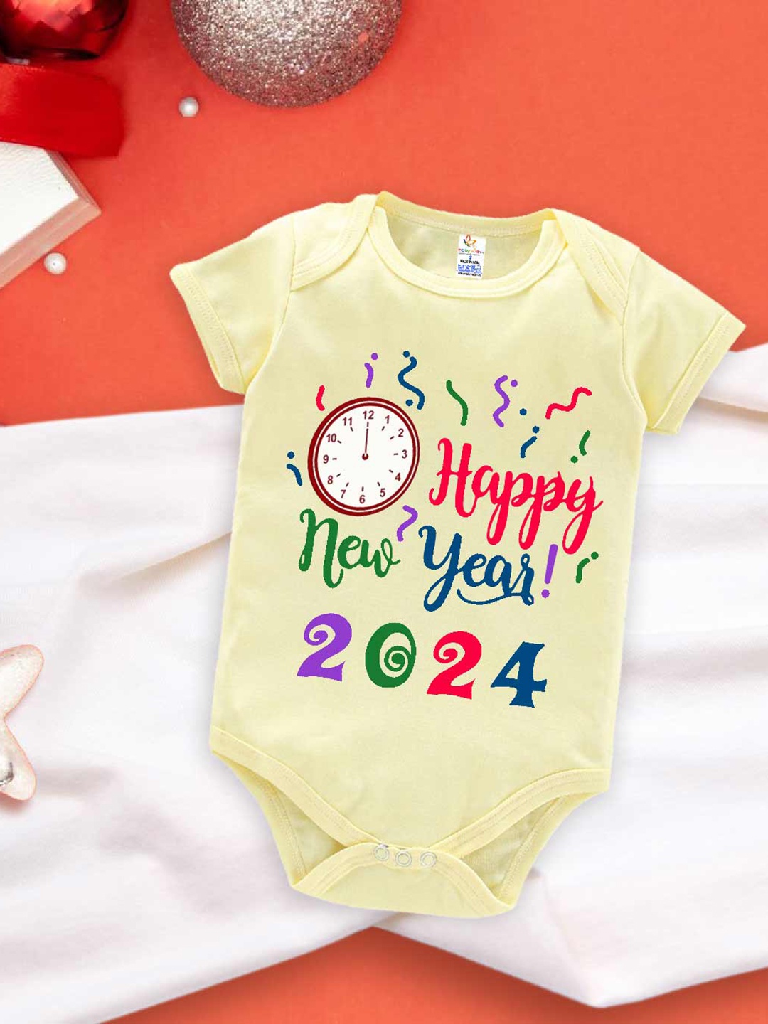 

Babywish Infants New Year Printed Cotton Envelope Neck Bodysuit, Yellow