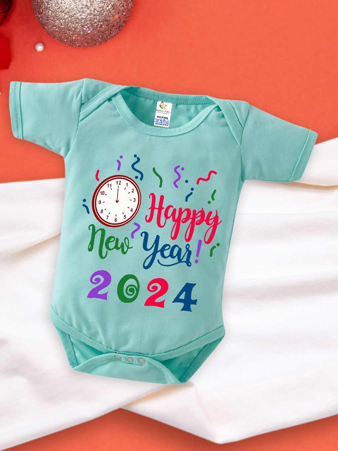 

Babywish Infants New Year Printed Cotton Envelope Neck Bodysuit, Sea green