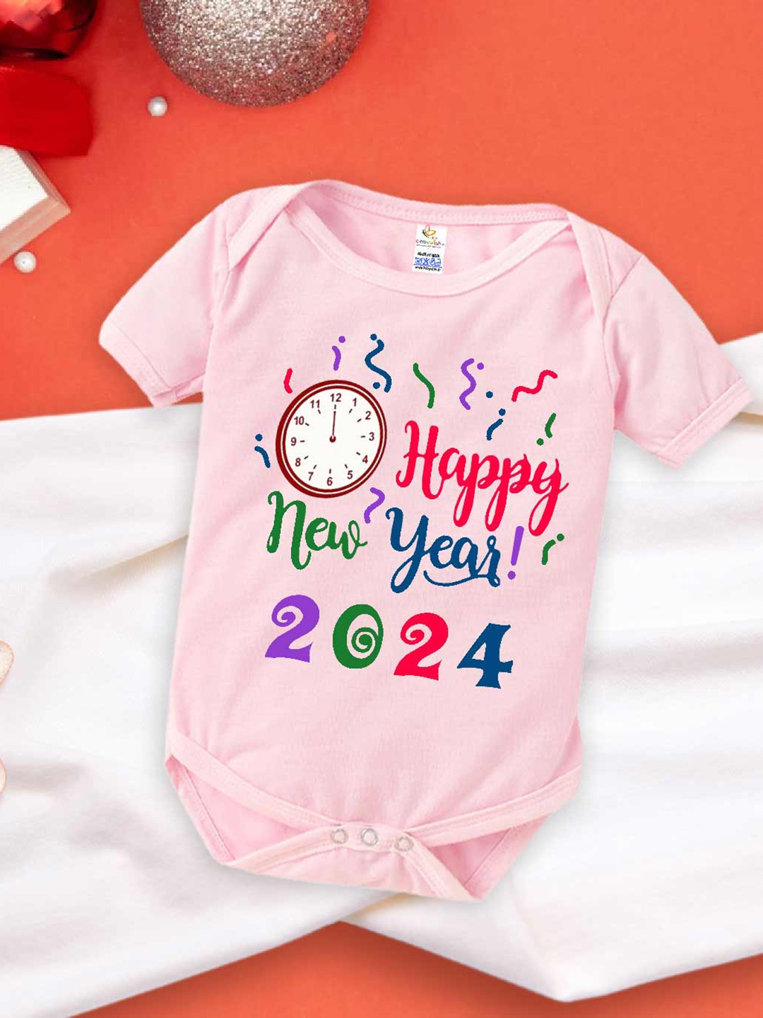

Babywish Infants New Year Printed Cotton Envelope Neck Bodysuit, Pink