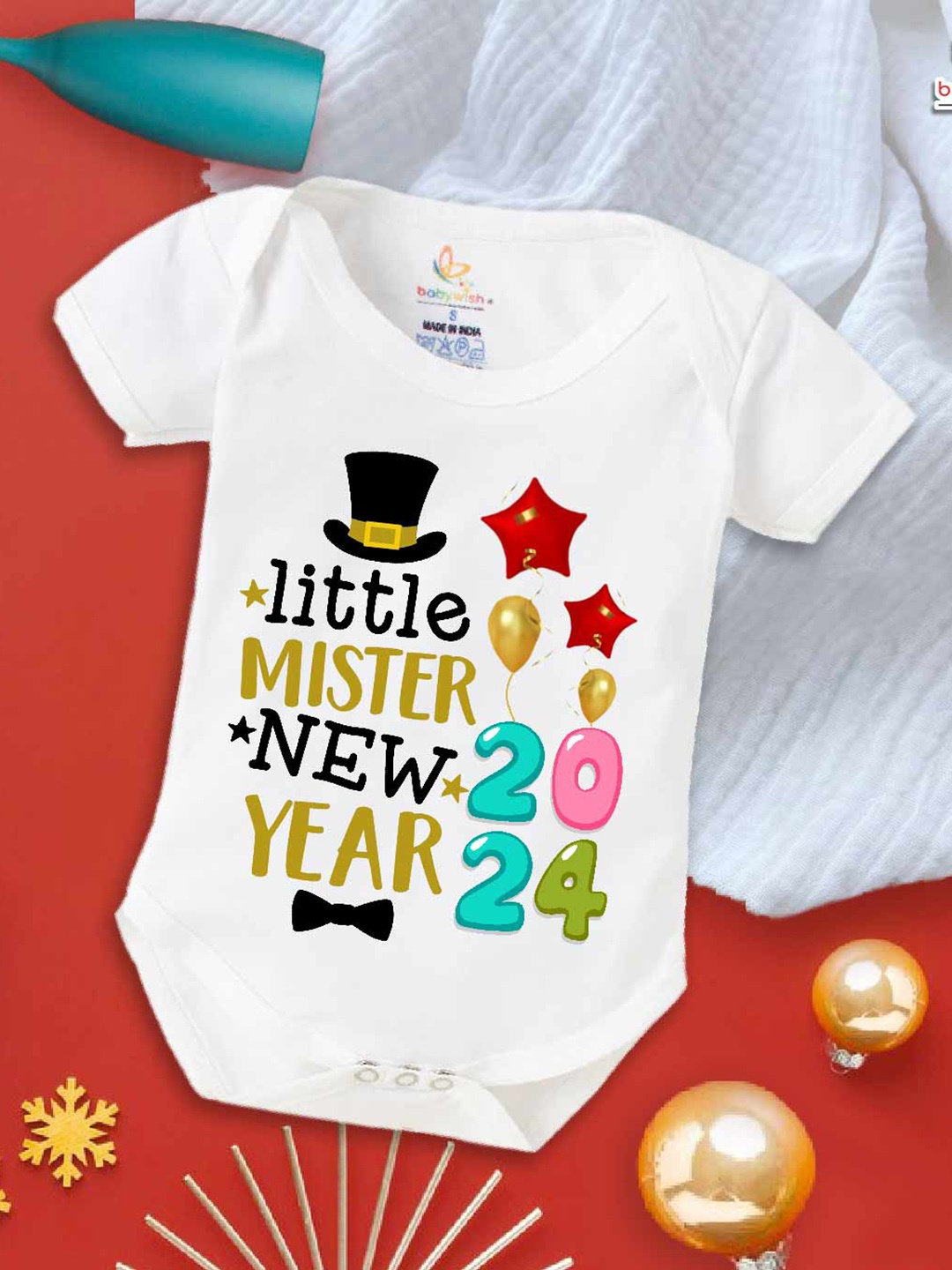 

Babywish Infants New Year Printed Cotton Envelope Neck Bodysuit, White