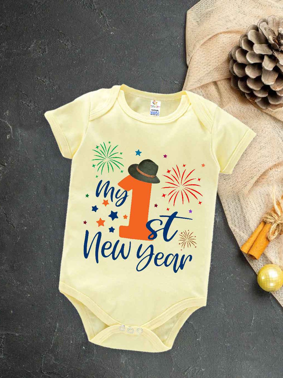 

Babywish Infants New Year Printed Cotton Envelope Neck Bodysuit, Yellow