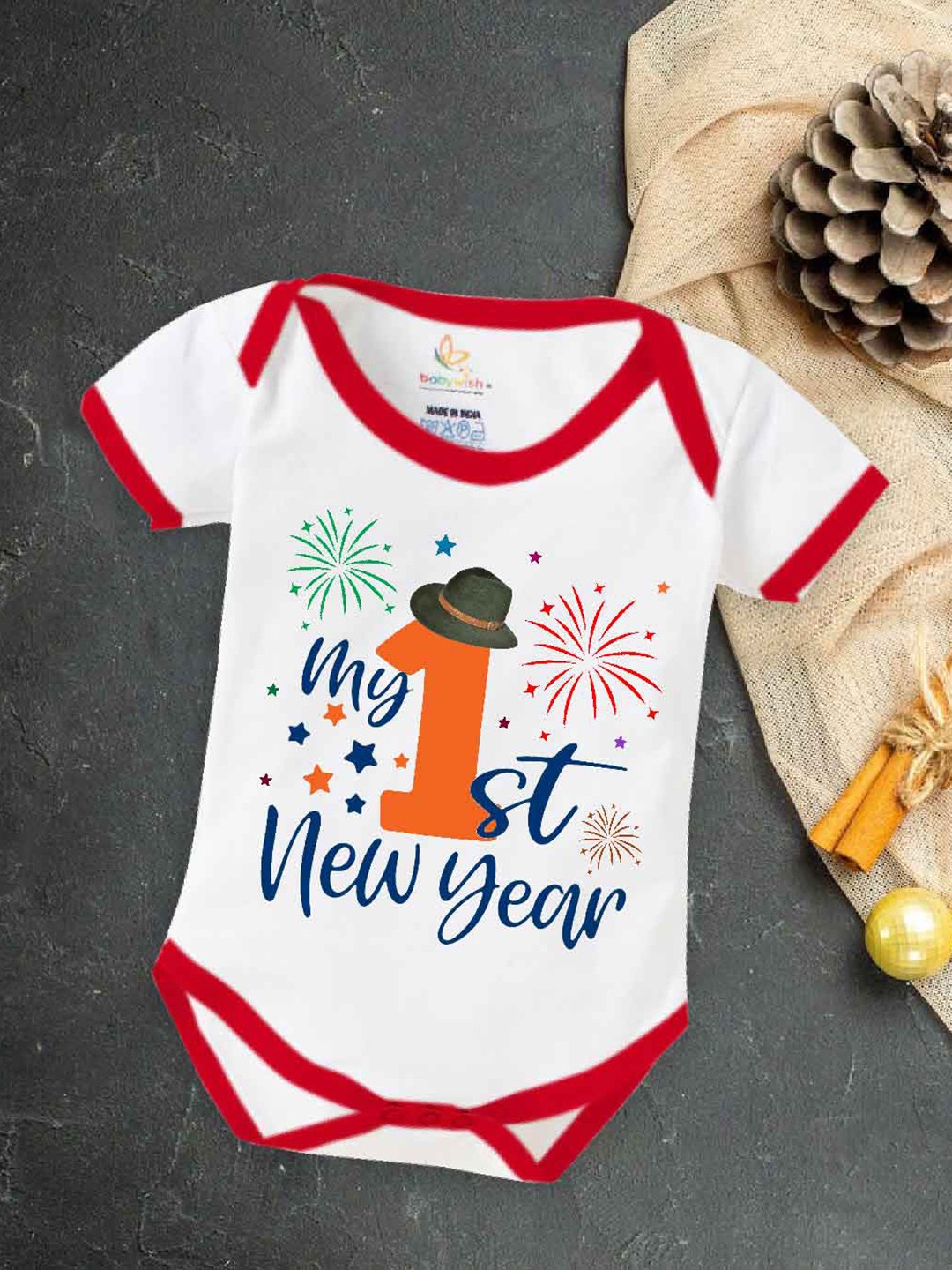 

Babywish Infants New Year Printed Cotton Envelope Neck Bodysuit, Red