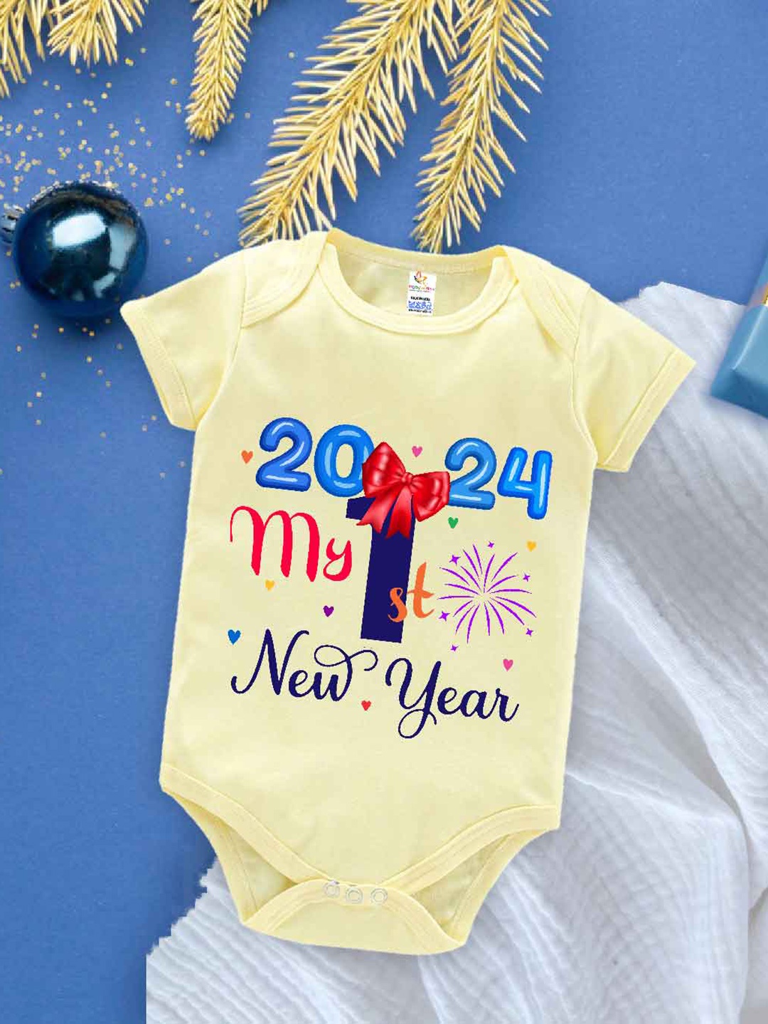 

Babywish Infants New Year Printed Cotton Envelope Neck Bodysuit, Yellow