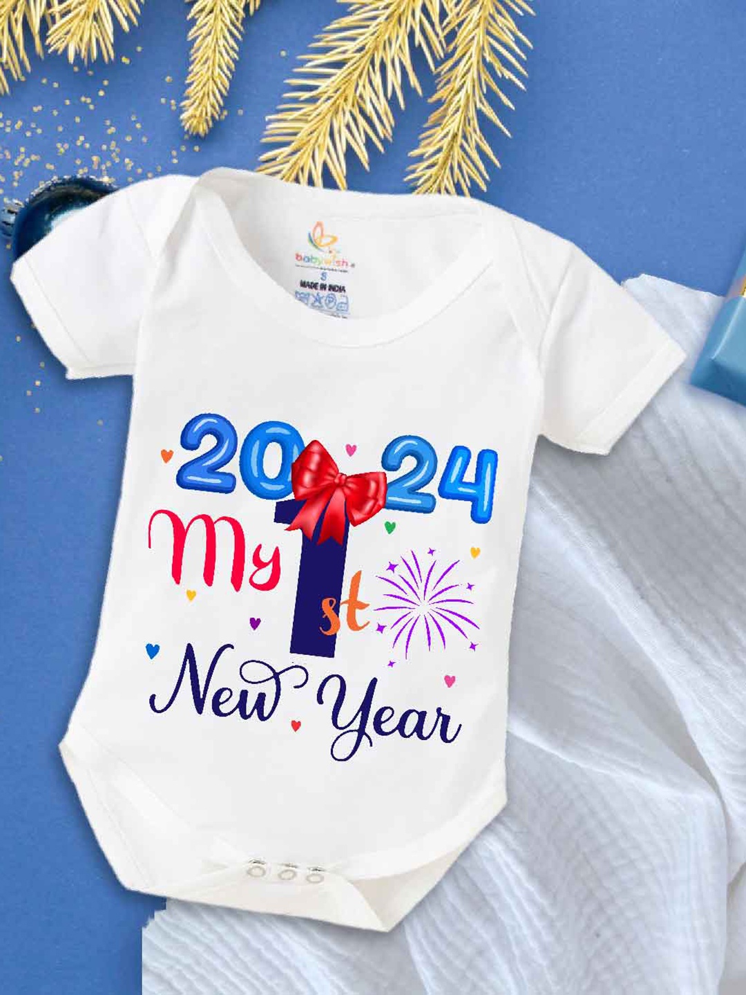 

Babywish Infants New Year Printed Cotton Envelope Neck Bodysuit, White