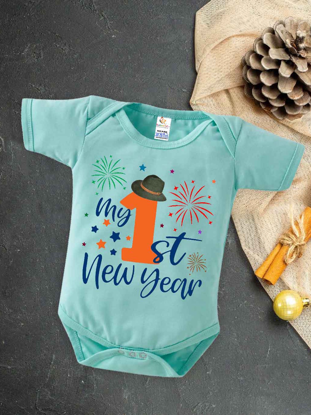 

Babywish Infants New Year Printed Cotton Envelope Neck Bodysuit, Sea green