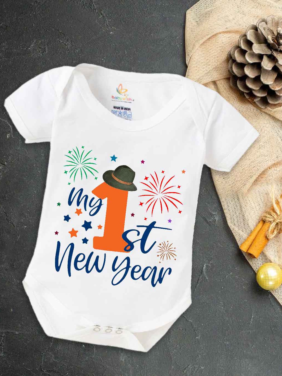 

Babywish Infants New Year Printed Cotton Envelope Neck Bodysuit, White