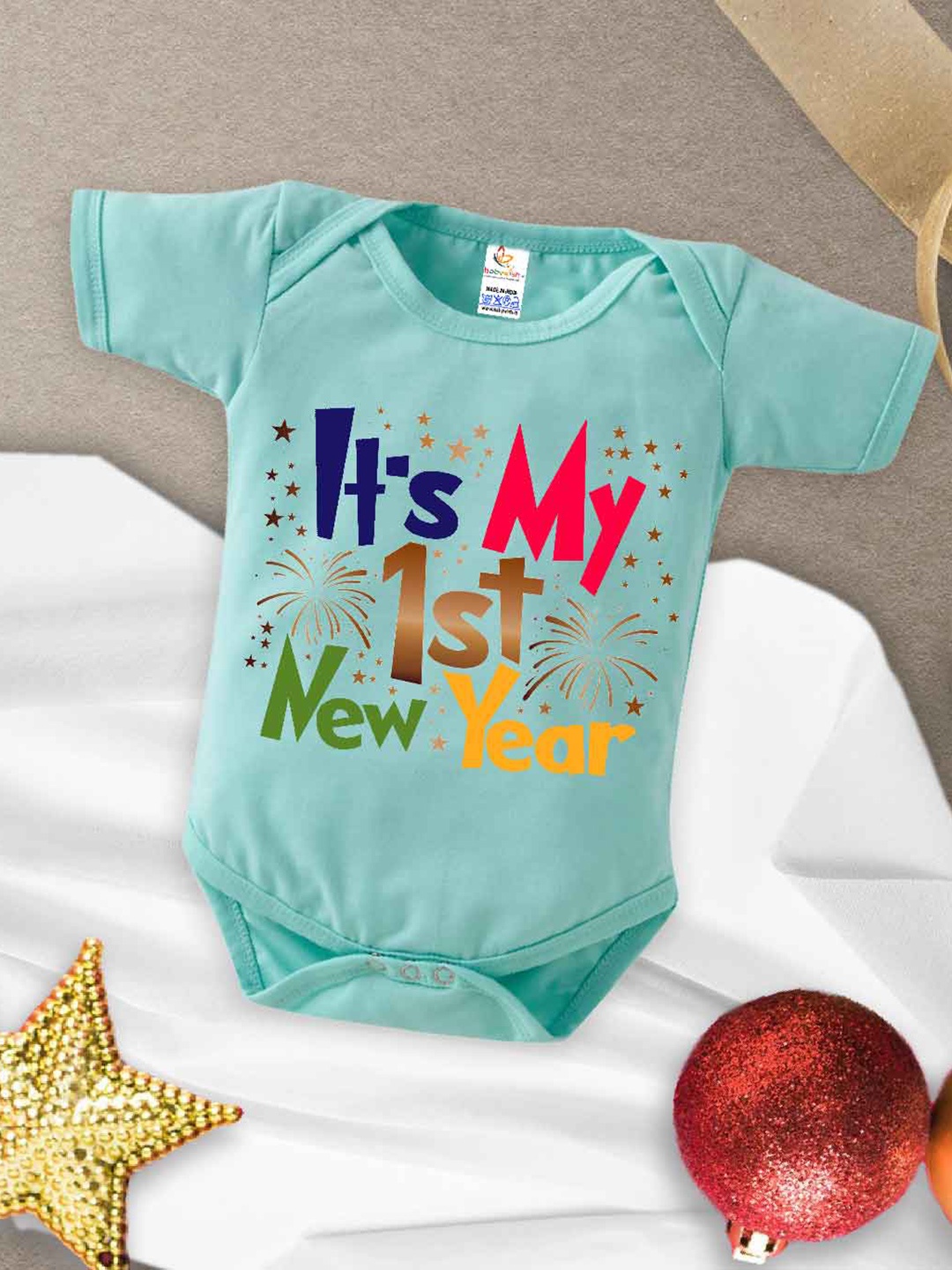 

Babywish Infants New Year Printed Cotton Envelope Neck Bodysuit, Sea green