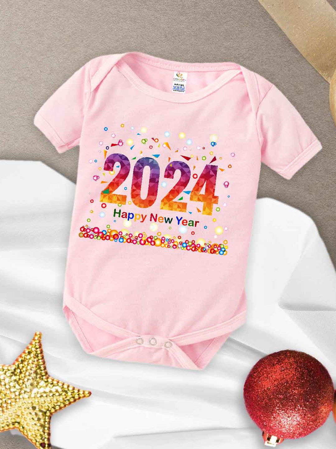 

Babywish Infants New Year Printed Cotton Envelope Neck Bodysuit, Pink