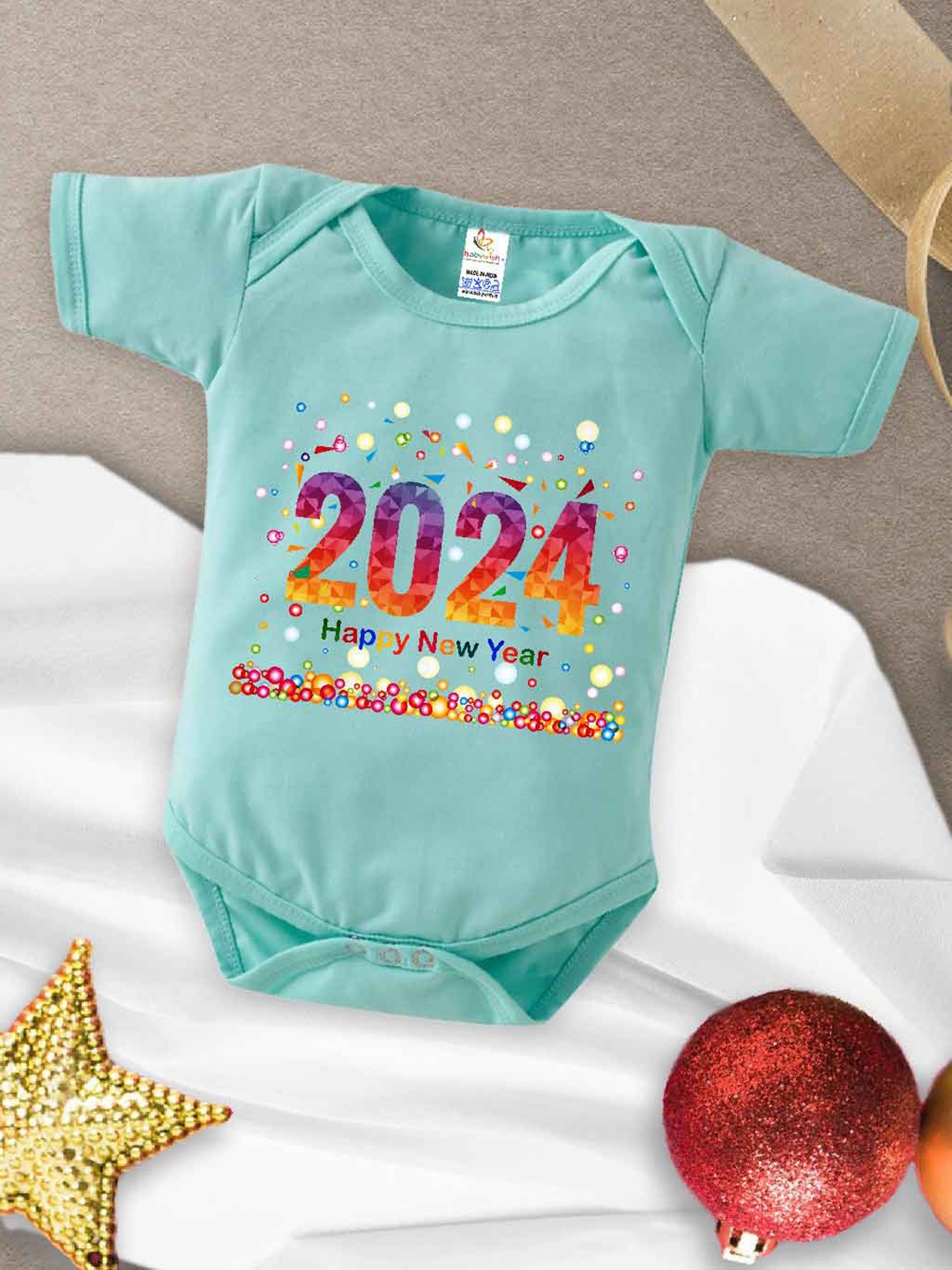 

Babywish Infants New Year Printed Cotton Envelope Neck Bodysuit, Sea green