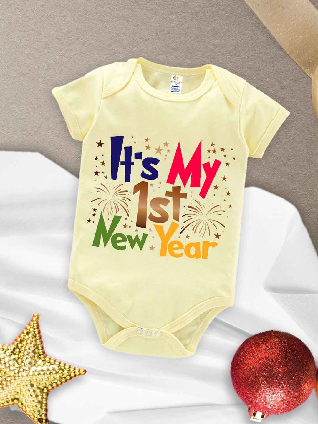 

Babywish Infants New Year Printed Cotton Envelope Neck Bodysuit, Yellow