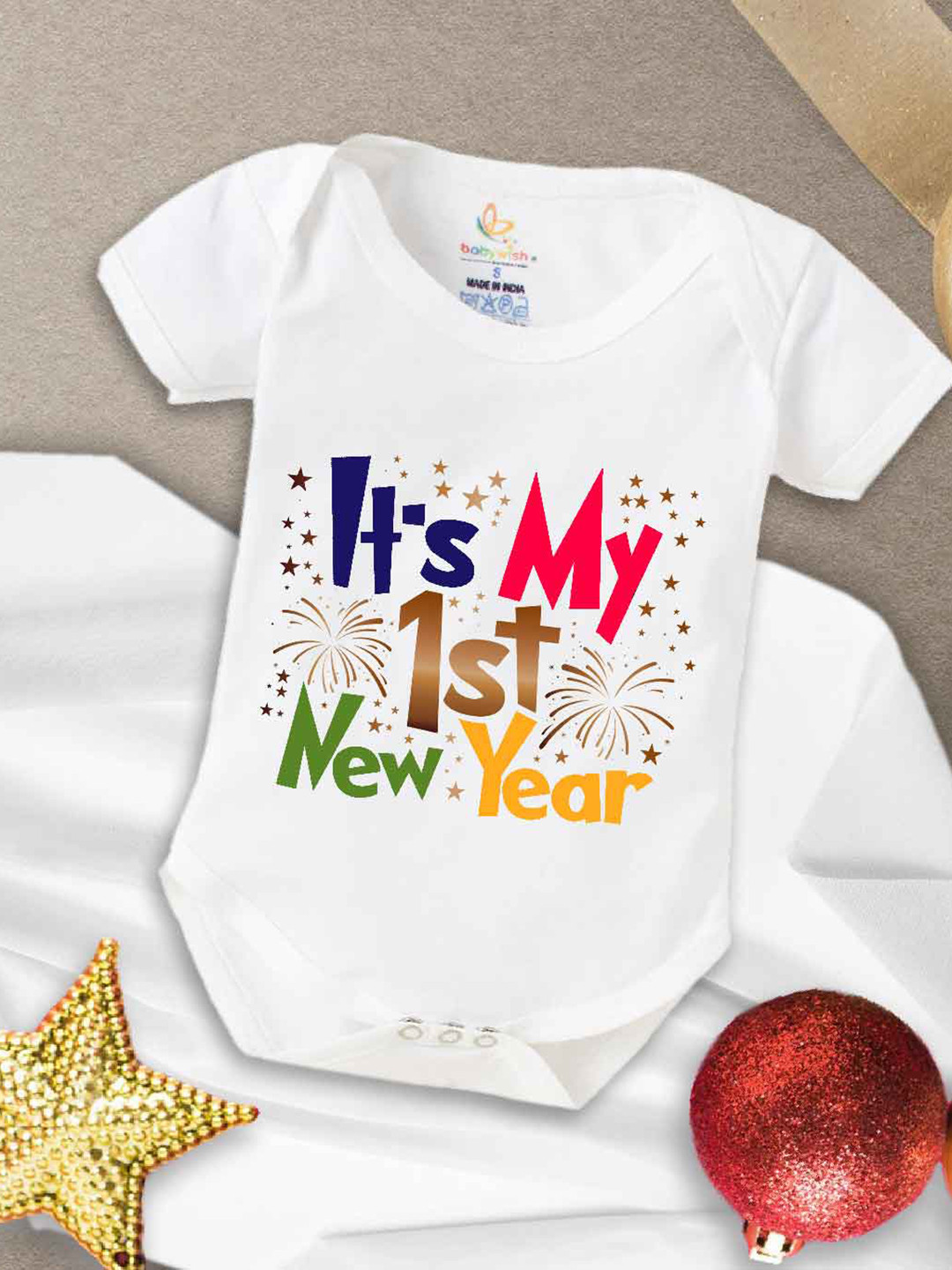 

Babywish Infants New Year Printed Envelope Neck Cotton Bodysuit, White
