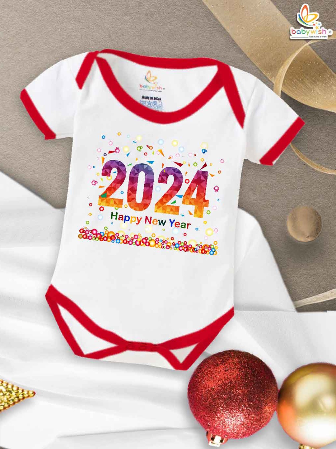 

Babywish Infants New Year Printed Cotton Envelope Neck Bodysuit, Red