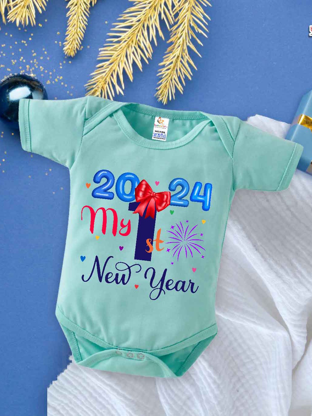 

Babywish Infants New Year Printed Cotton Envelope Neck Bodysuit, Sea green