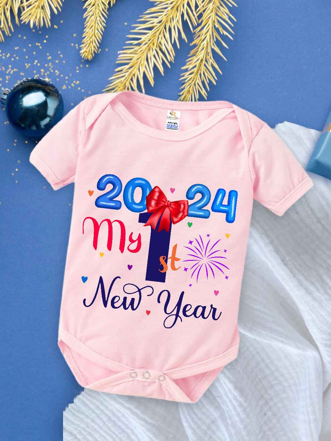 

Babywish Infants New Year Printed Cotton Envelope Neck Bodysuit, Pink