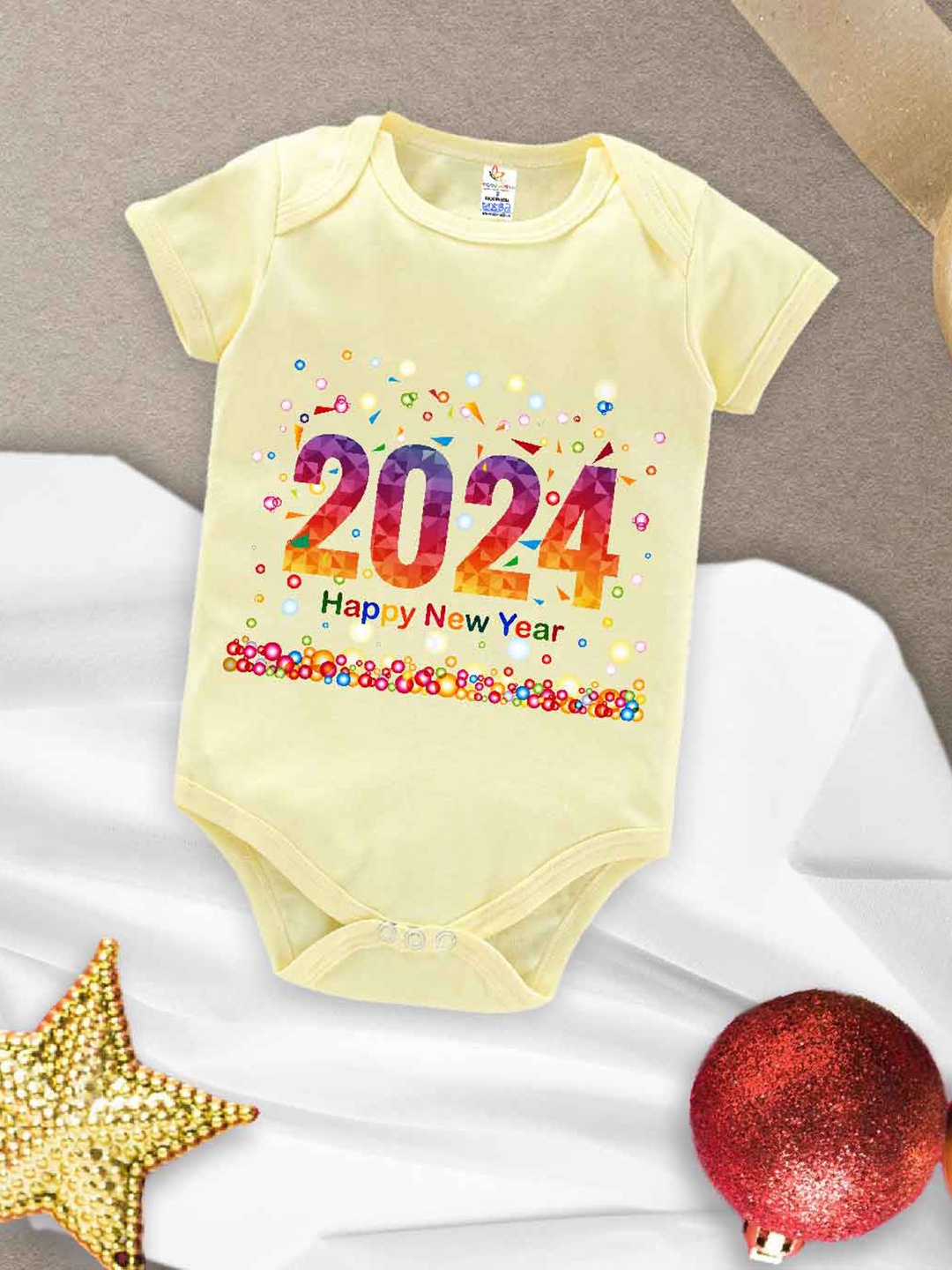 

Babywish Infants New Year Printed Cotton Envelope Neck Bodysuit, Yellow