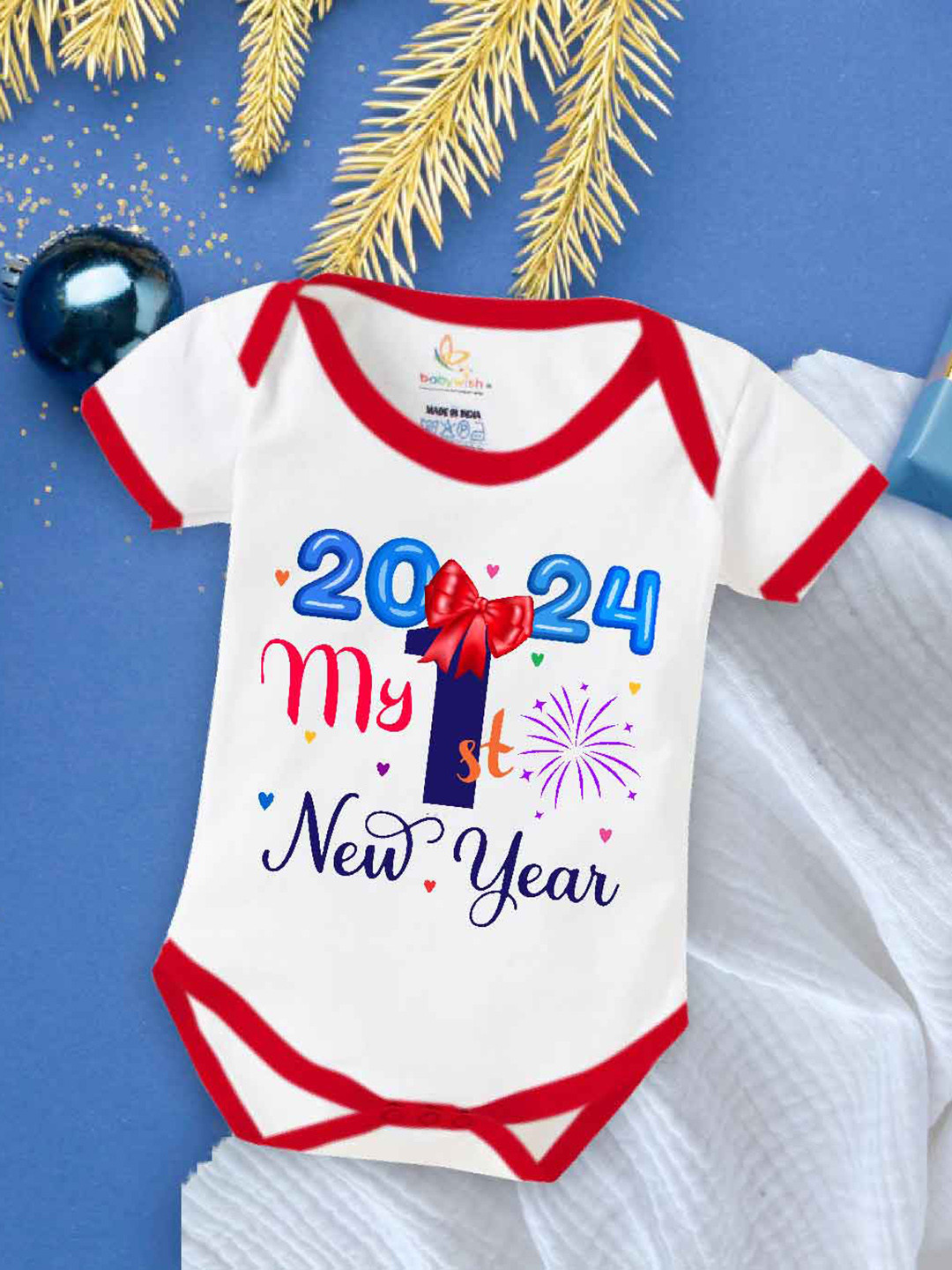 

Babywish Infants New Year Printed Cotton Envelope Neck Bodysuit, Red