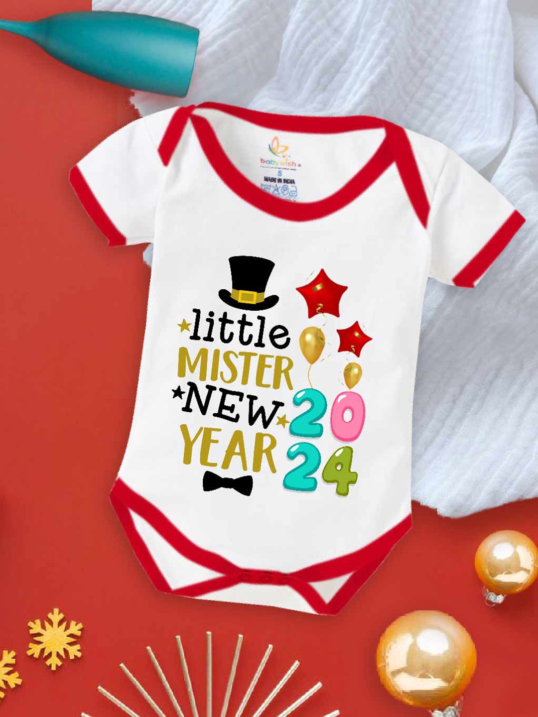 

Babywish Infants New Year Printed Cotton Envelope Neck Bodysuit, Red