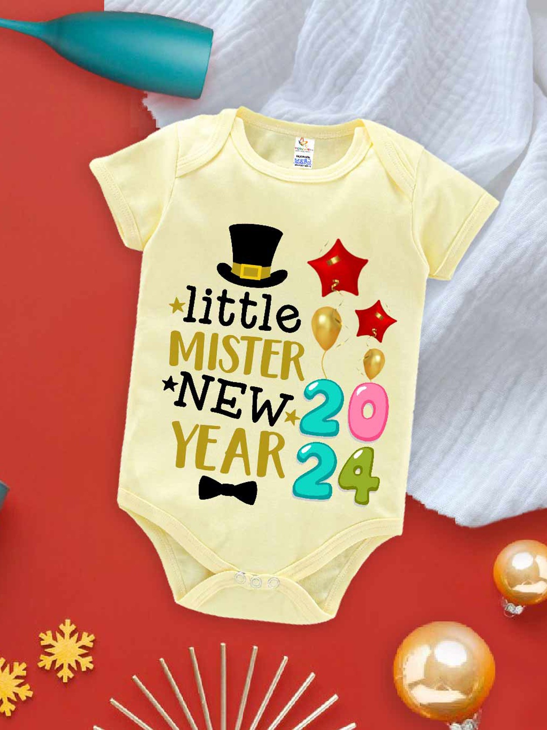 

Babywish Infants New Year Printed Cotton Envelope Neck Bodysuit, Yellow