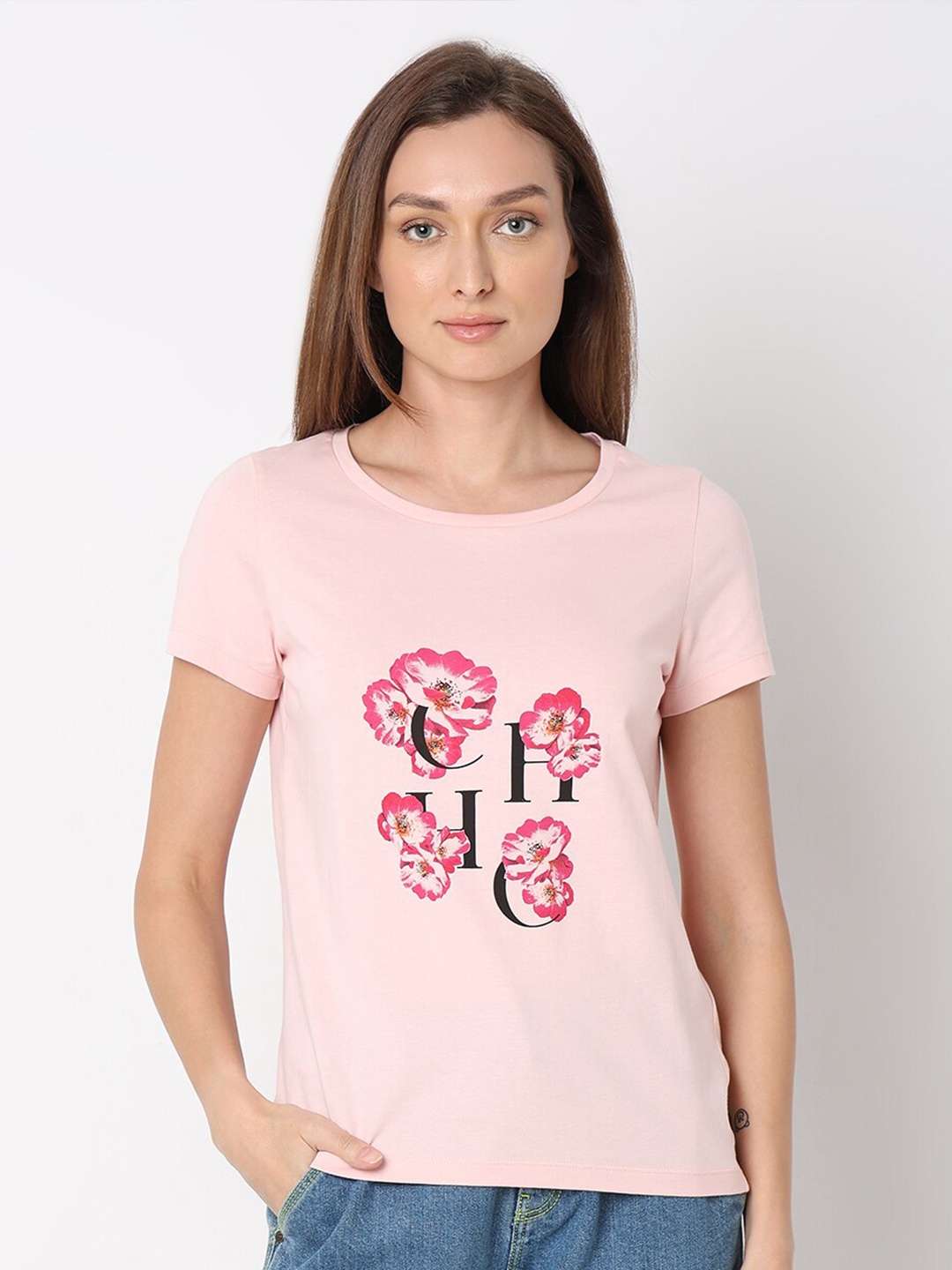 

Vero Moda Graphic Printed Cotton T-shirt, Pink