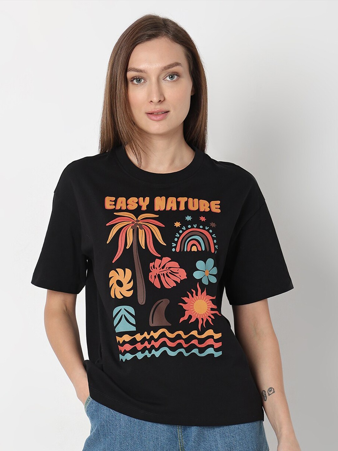 

Vero Moda Graphic Printed Round Neck Short Sleeves Cotton Regular T-shirt, Black