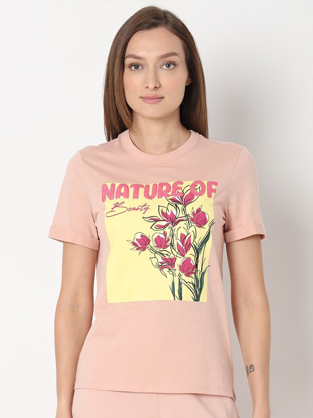 

Vero Moda Graphic Printed Round Neck Short Sleeves Cotton Regular T-shirt, Pink