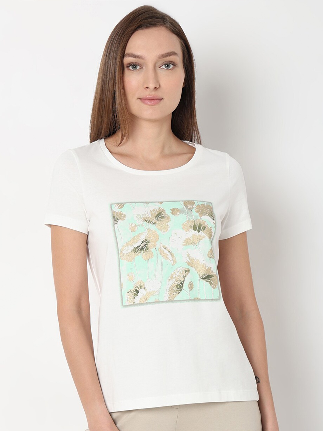 

Vero Moda Floral Printed Round Neck Pure Cotton T-shirt, White
