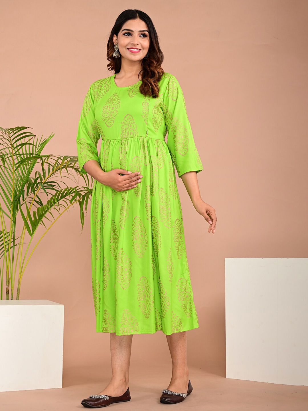 

BAESD Ethnic Motifs Print Pleated Maternity Anarkali Ethnic Dress, Green