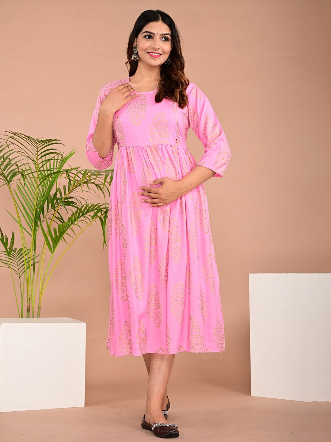 

BAESD Ethnic Motifs Printed Maternity Fit & Flare Dress, Pink