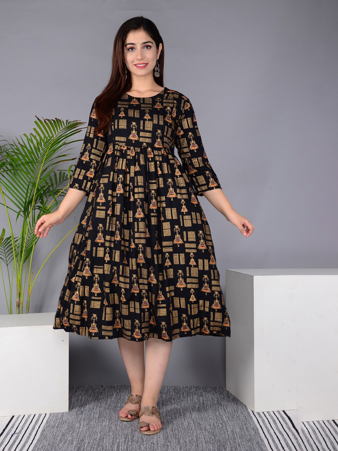

BAESD Ethnic Motifs Printed Maternity Fit & Flare Dress, Black