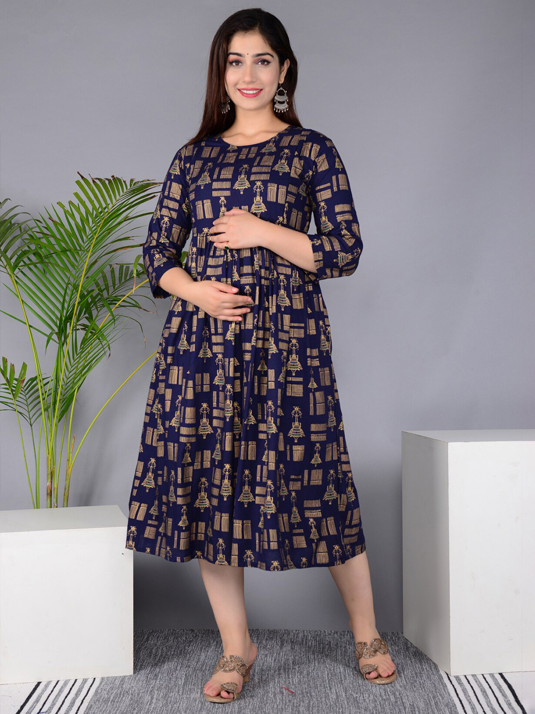 

BAESD Ethnic Motifs Printed Maternity Fit & Flare Ethnic Dress, Blue