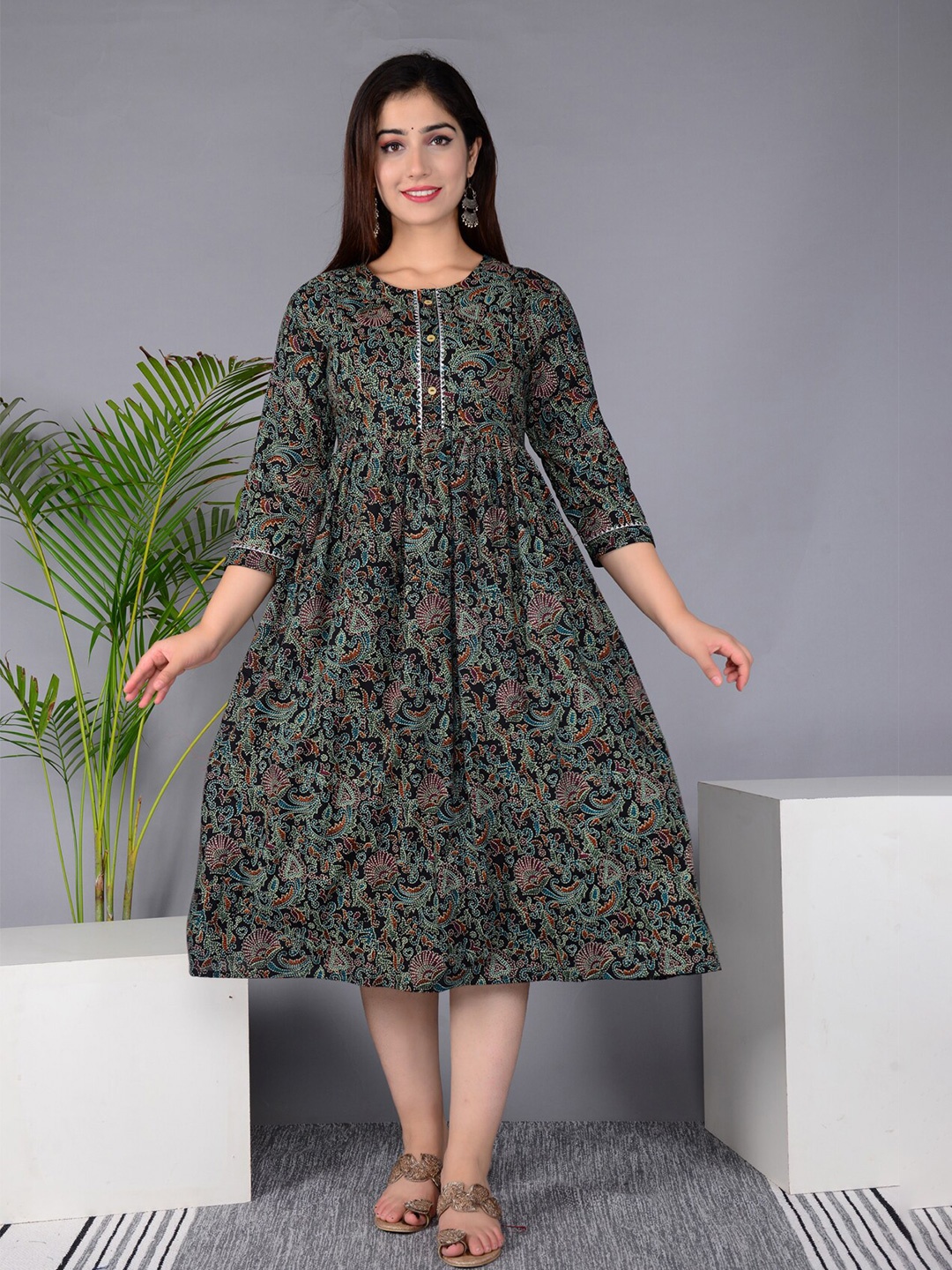 

BAESD Ethnic Motifs Printed Maternity Fit & Flare Ethnic Dress, Black